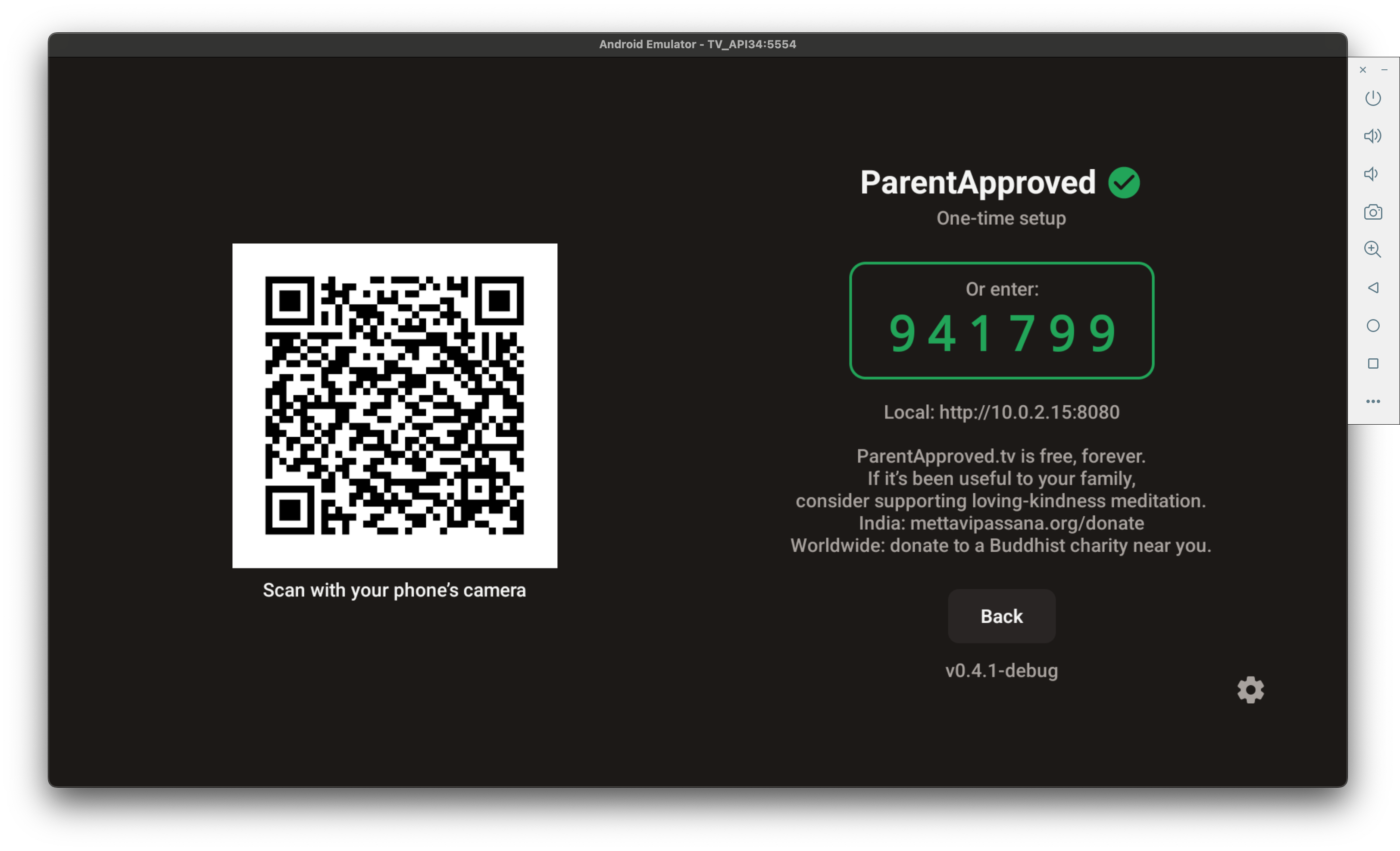 QR code on TV screen — scan with your phone to connect