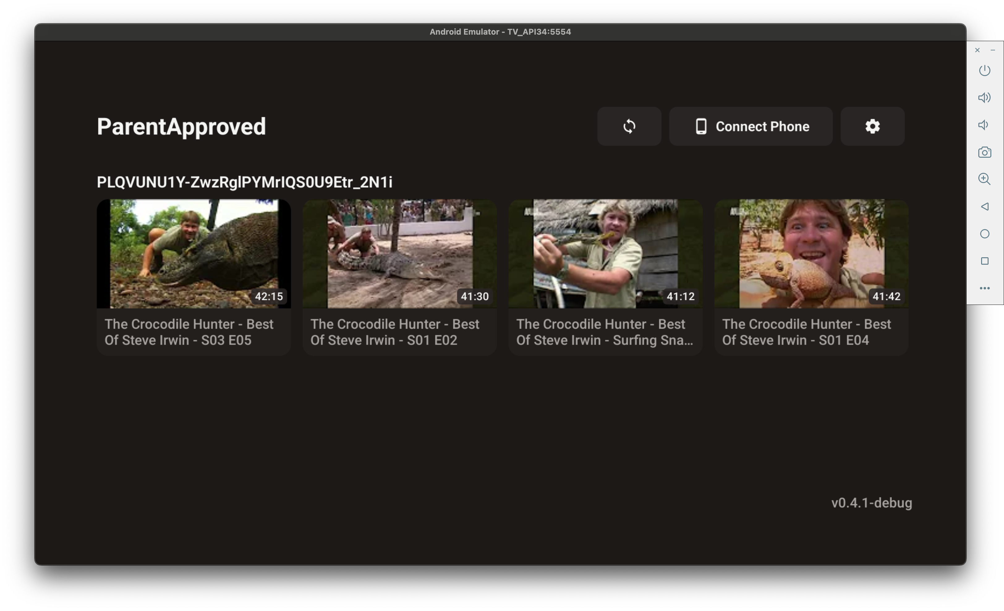 ParentApproved.tv home screen showing parent-curated video playlists on Android TV